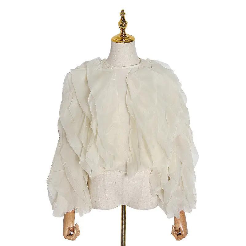 Europe and the United States fashion women's shirt spring and autumn new design sense ruffled stitching solid color round neck net red shirt A&S Collection