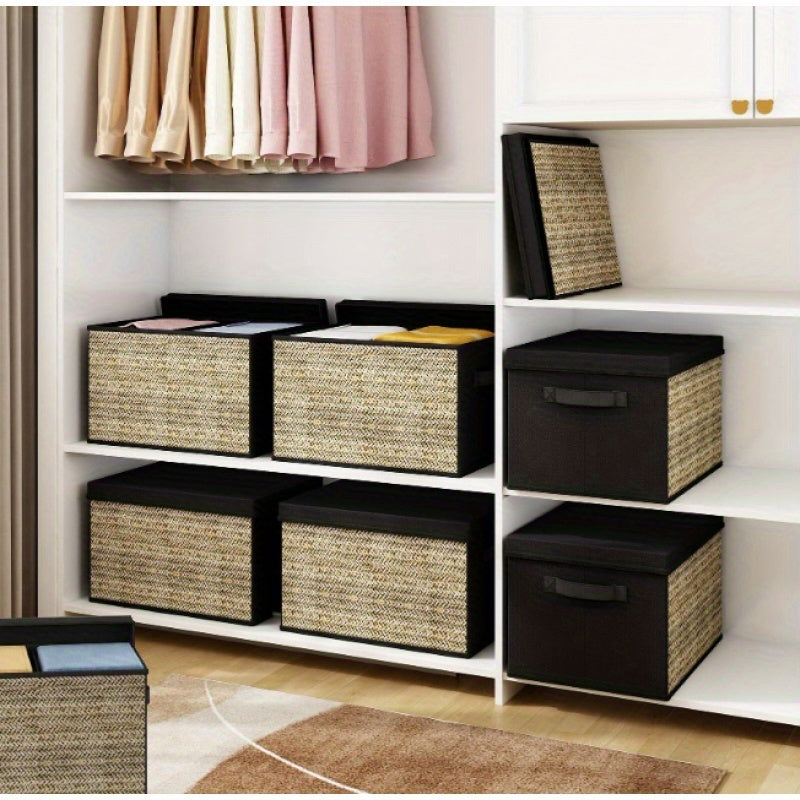 4pcs Green Rattan Rectangular Storage Bins with Handles: Collapsible Fabric Cube Organizers for Multipurpose Use - Lidded Containers for Toys, Clothes, and More (Non-Waterproof) - Suitable for Box, Cabinet, or Rack Storage - Ideal for Outdoor Use A&S Collection