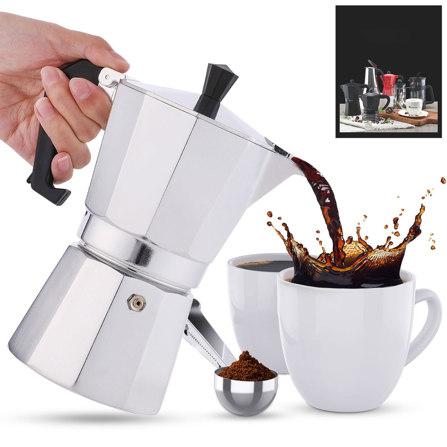 RAINBEAN Stovetop Espresso Maker 180ml For 3 Cups Espresso, Italian Moka Pot Coffee Maker, For Coffee Latte Mocha Cappuccino Macchiato Cuban Cafe Makers, Silver A&S Collection