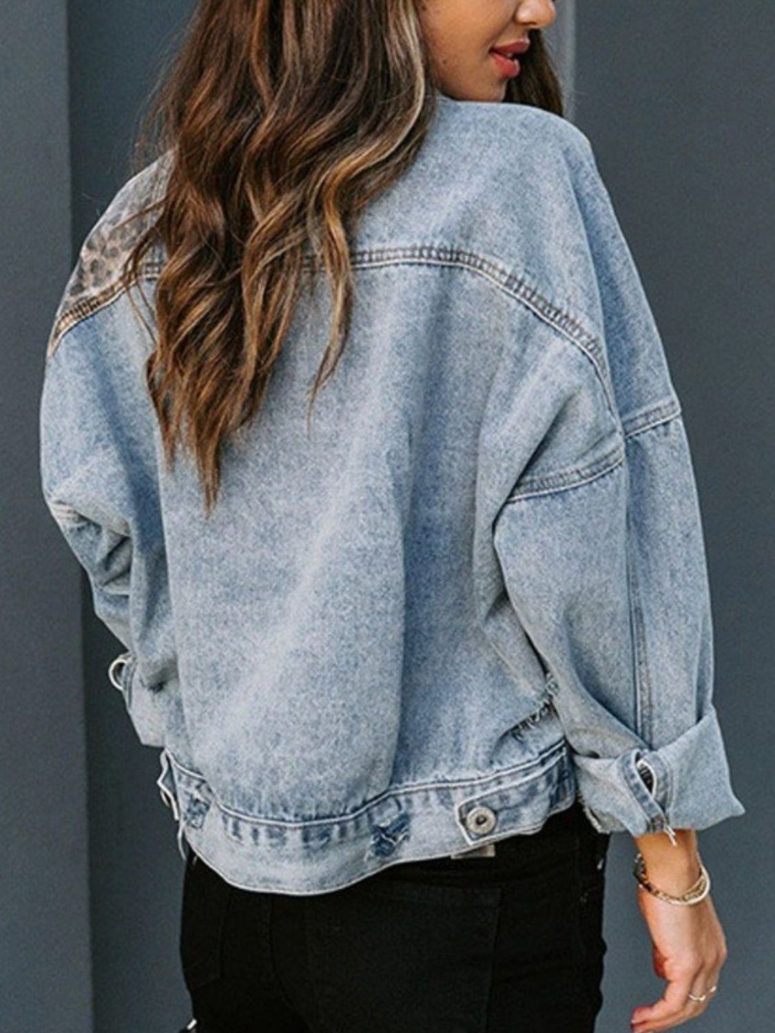 Distressed Leopard Drop Shoulder Denim Jacket.