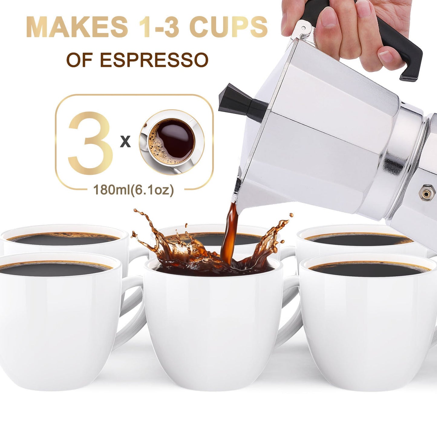 RAINBEAN Stovetop Espresso Maker 180ml For 3 Cups Espresso, Italian Moka Pot Coffee Maker, For Coffee Latte Mocha Cappuccino Macchiato Cuban Cafe Makers, Silver A&S Collection