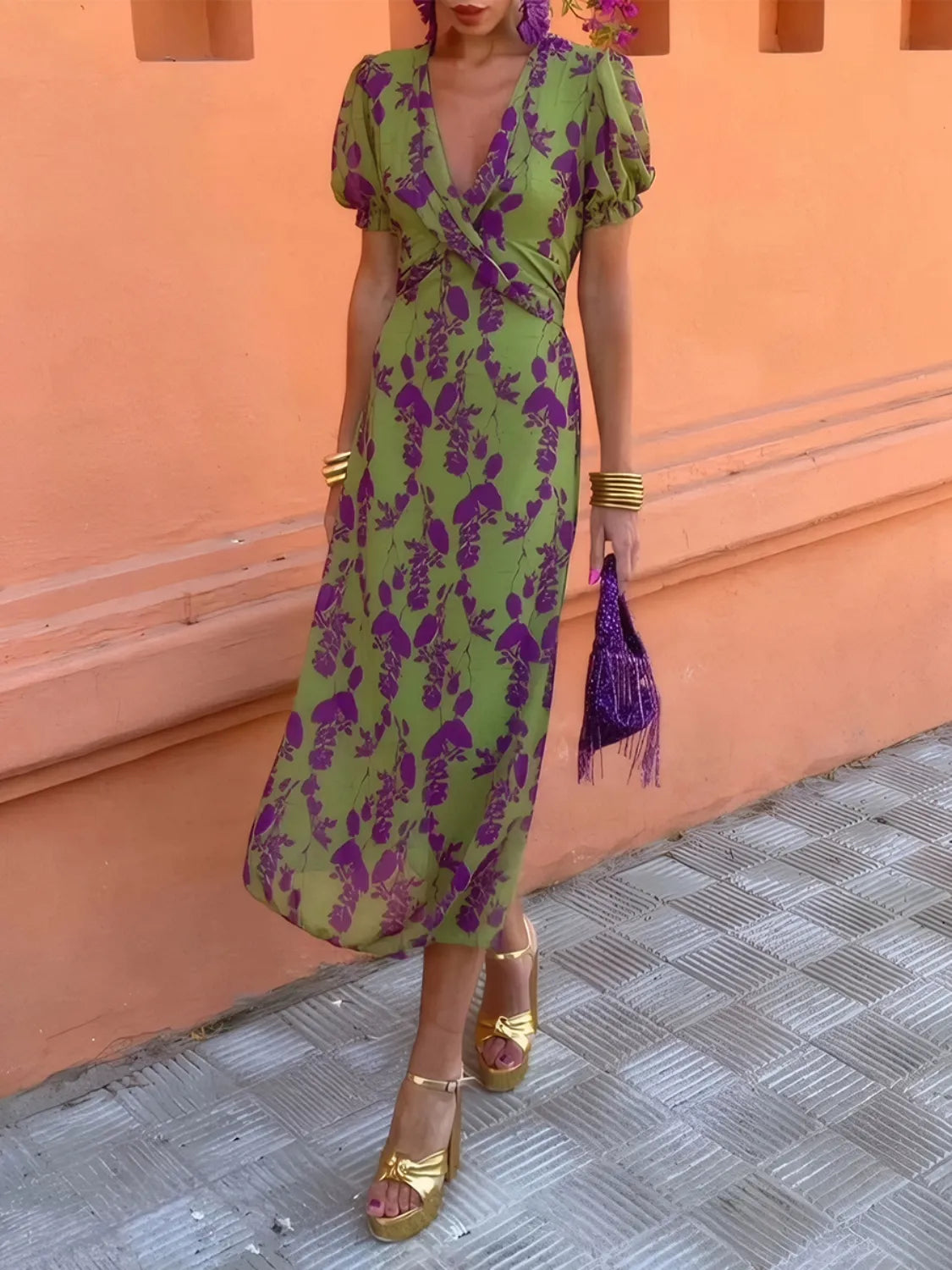 Printed Plunge Short Sleeve Midi Dress.