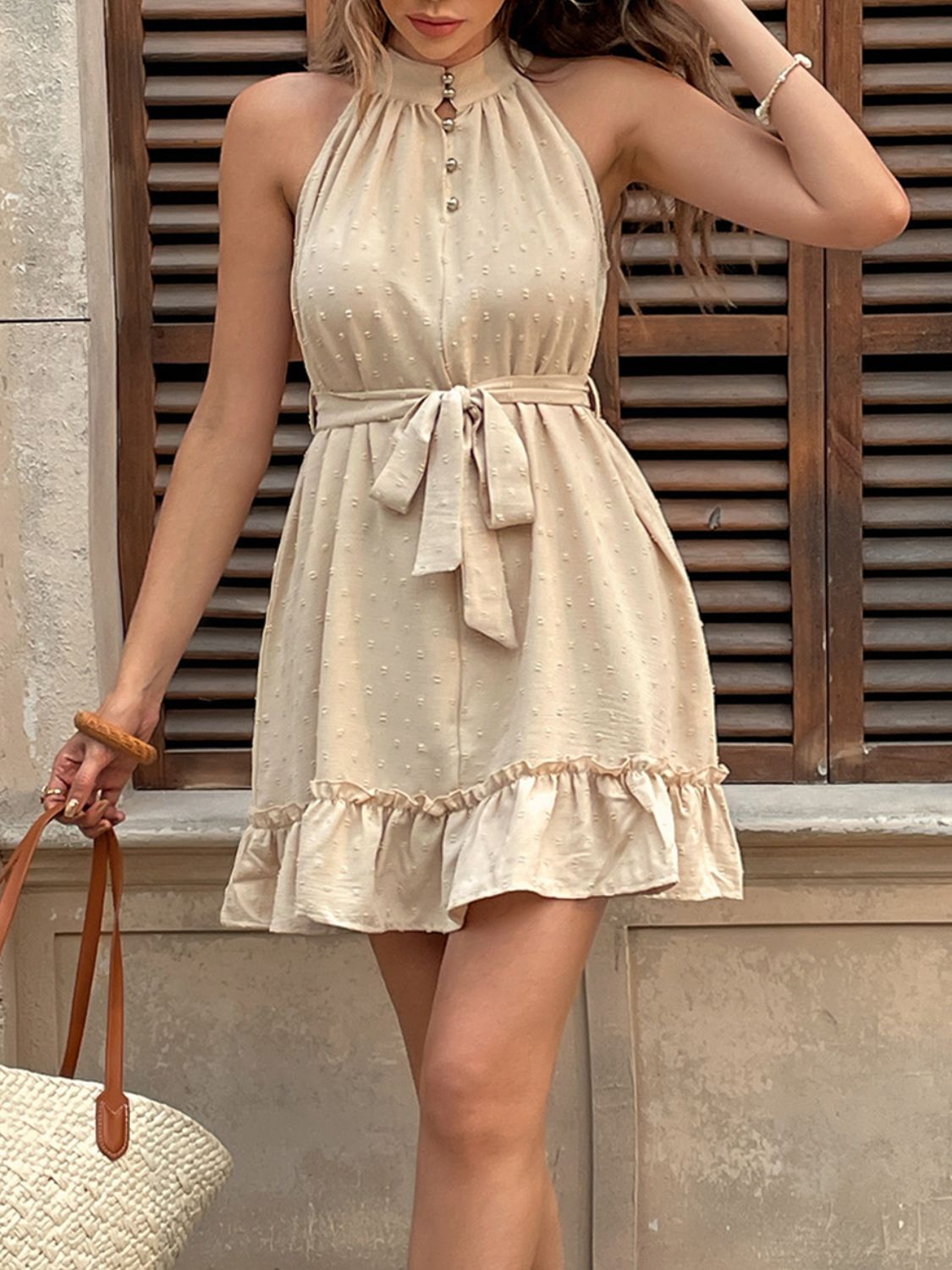 Perfee Swiss Dot Ruffled Sleeveless Mini Dress.
