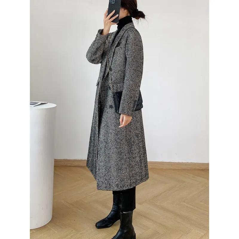 Dongdaemun herringbone gray wool coat women's new autumn and winter suit collar wool coat A&S Collection