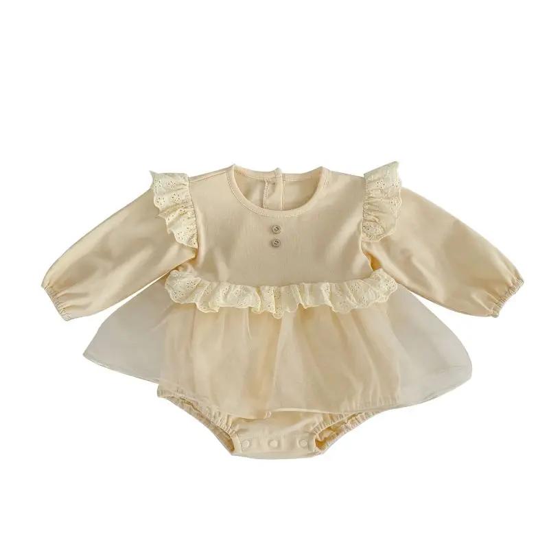 Cream baby romper with lace ruffles, two chest buttons, and a tulle overlay skirt, perfect for special occasions A&S Collection