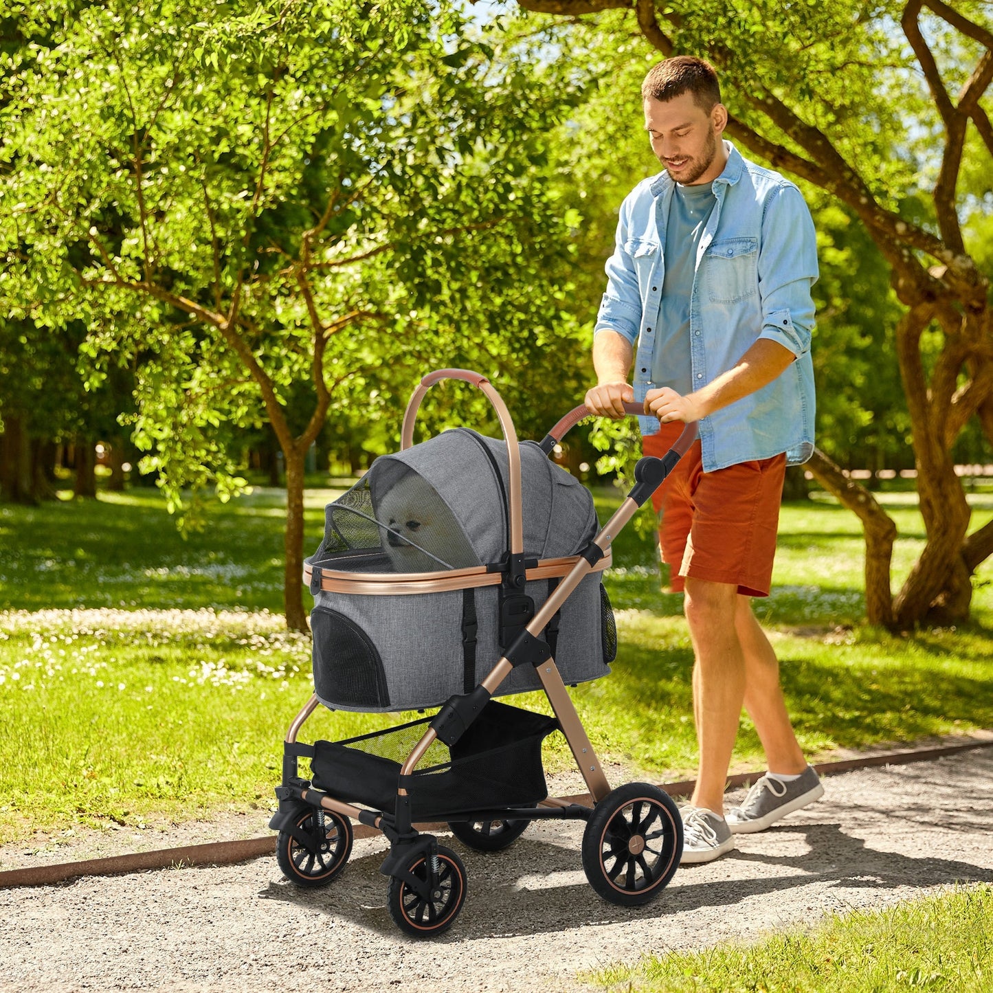 3 In 1 Dog Stroller With Detachable Cabin, 4 Wheel Folding Lightweight Pet Stroller For Small Dogs, Gray A&S Collection