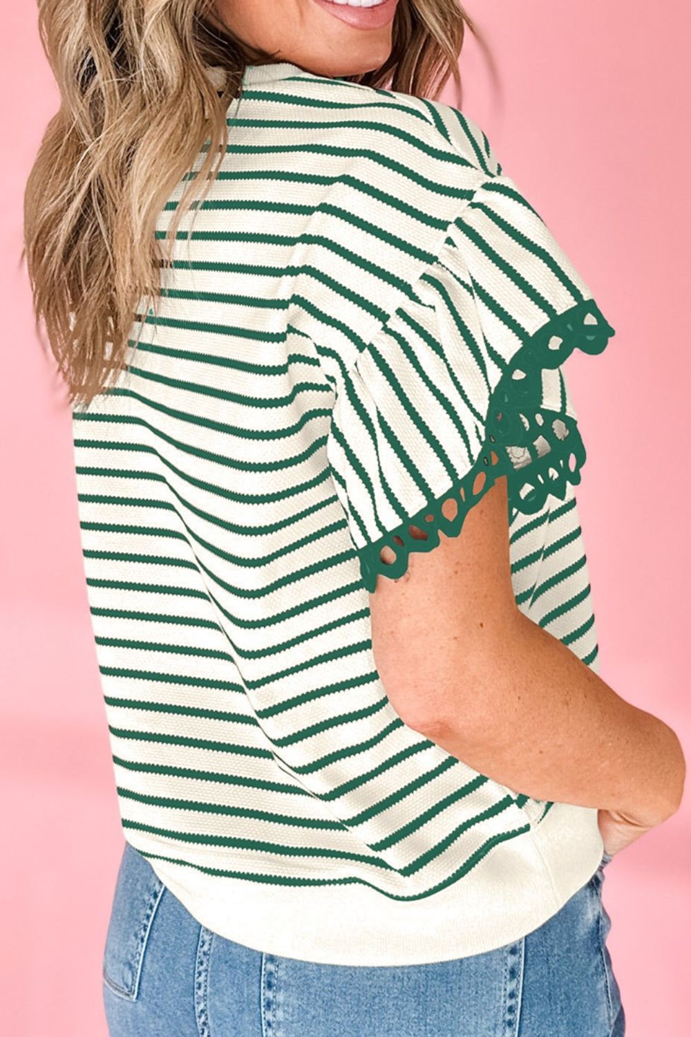 Striped Round Neck Ruffle Sleeve Blouse.
