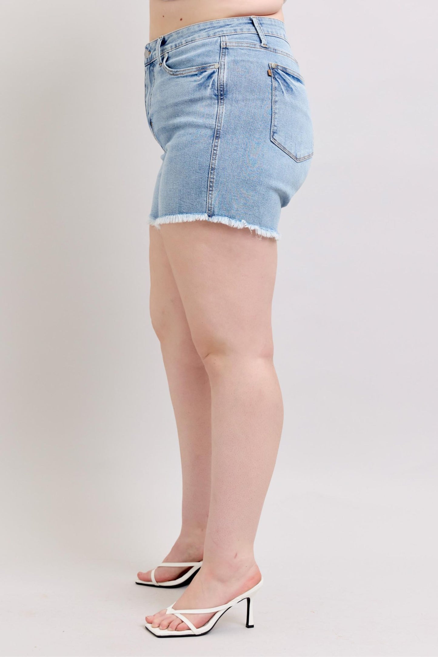 Judy Blue Full Size Tummy Control Raw Hem Denim Shorts Plus Size.