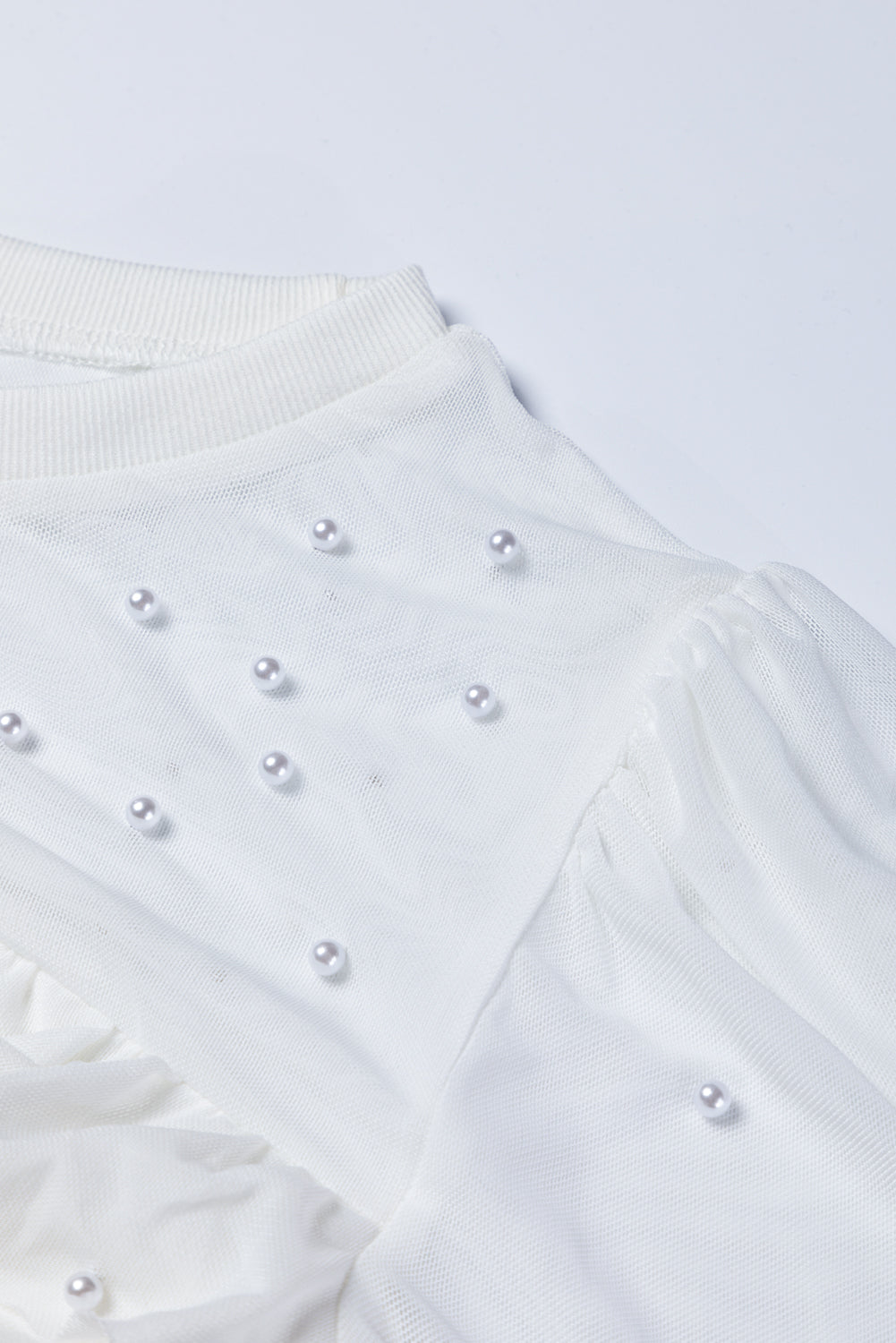 Pearl Decor Mesh Patchwork Ribbed Long Sleeve Top.