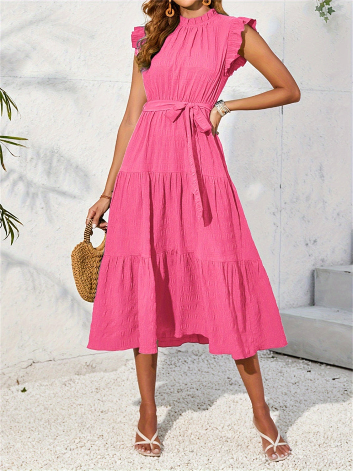 Frill Mock Neck Ruffled Cap Sleeve Midi Dress.