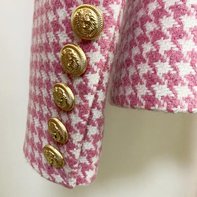 European and American star fashion double breasted lion button pink plaid wool trim suit jacket A&S Collection