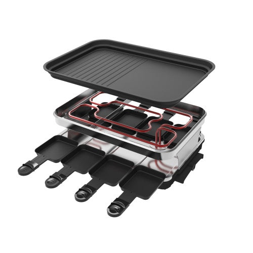 Raclette Grill 8 People Grill Plate Non-stick Coated, Raclette With 8 Mini Raclette Pans, Infinitely Adjustable Temperature, 1500W A&S Collection