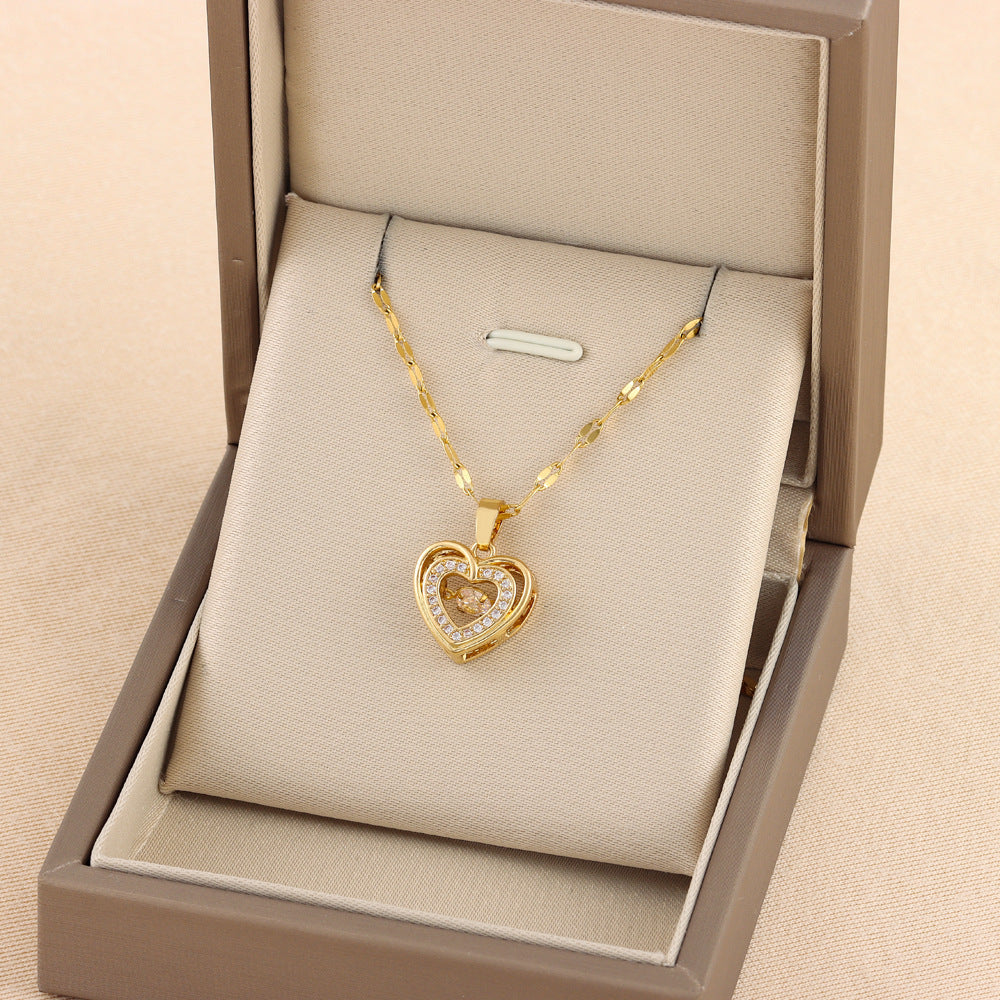 Double-layer Love Necklace With Rhinestones Titanium Steel Pendant Fashion Jewelry Woman Valentines Day Gift A&S Collection