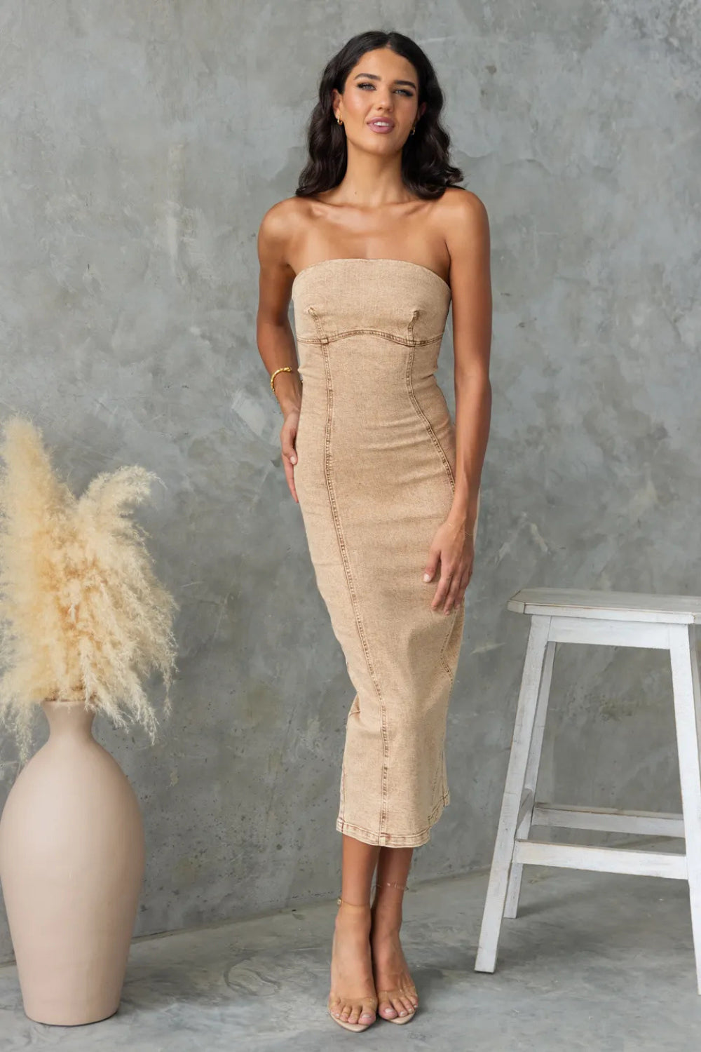 Washed Slit Back Tube Denim Dress.