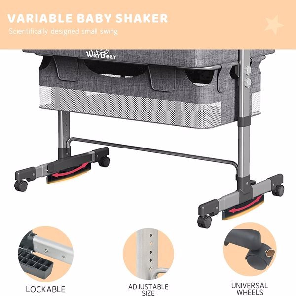 3-in-1 Bedside Crib With Mosquito Net, Large Storage Bag, Comfortable Mattress With Lockable Wheels, Grey CJ