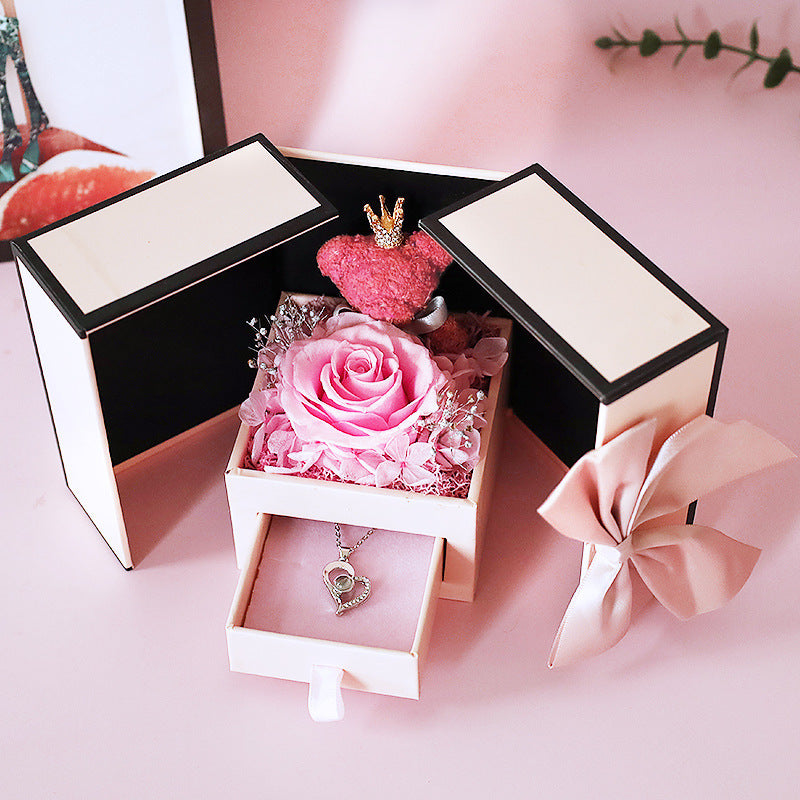 Charming Double Door Bear Rose Jewelry Box: Elegant Eternal Flower Design A&S Collection