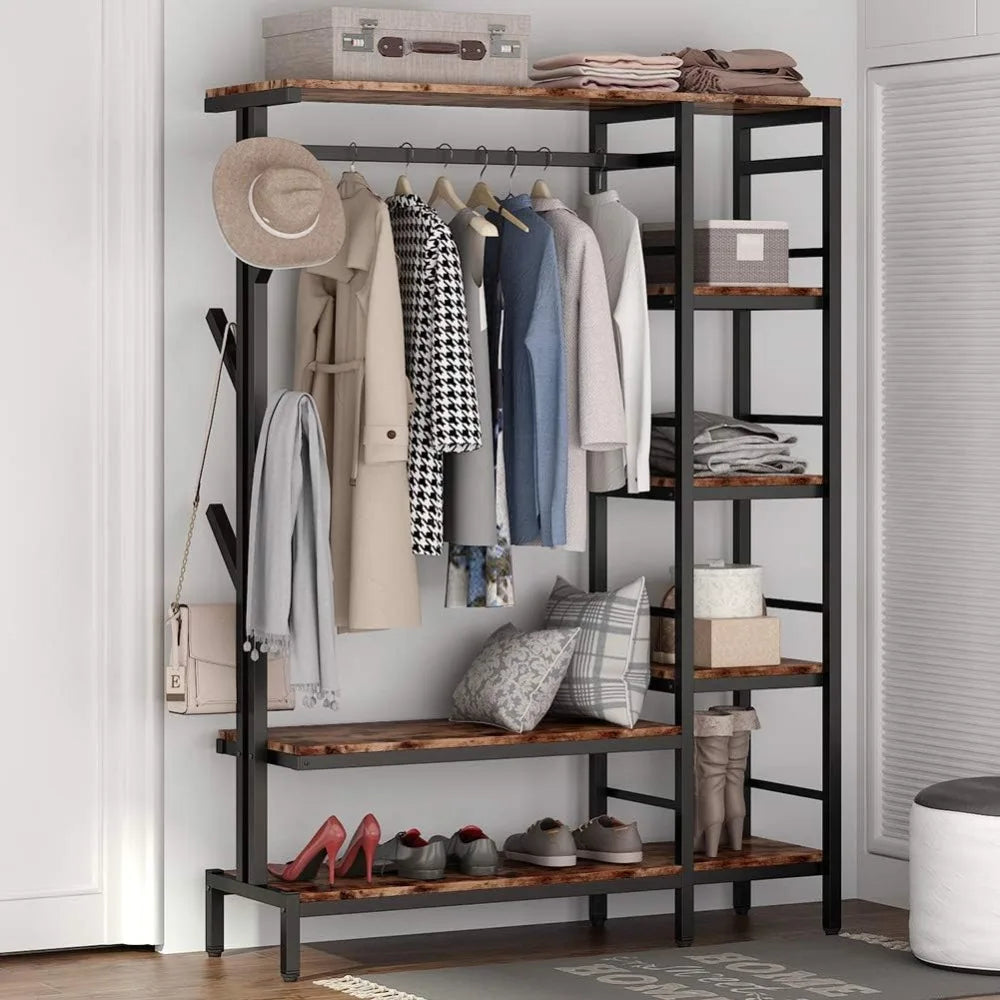 Free-standing Open Closet with Hooks, Metal Clothes Shelf Garment Rack with Shelves and Hanging Rod A&S Collection