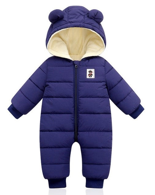 Cozy baby winter onesie with bear ears, padded for warmth with front zipper and bear patch design. A&S Collection