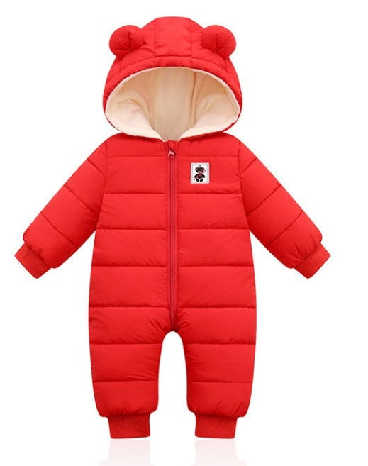 Cozy baby winter onesie with bear ears, padded for warmth with front zipper and bear patch design. A&S Collection