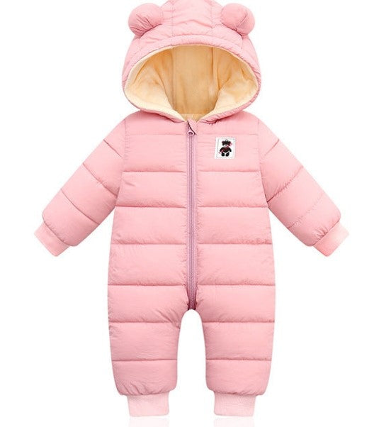 Cozy baby winter onesie with bear ears, padded for warmth with front zipper and bear patch design. A&S Collection
