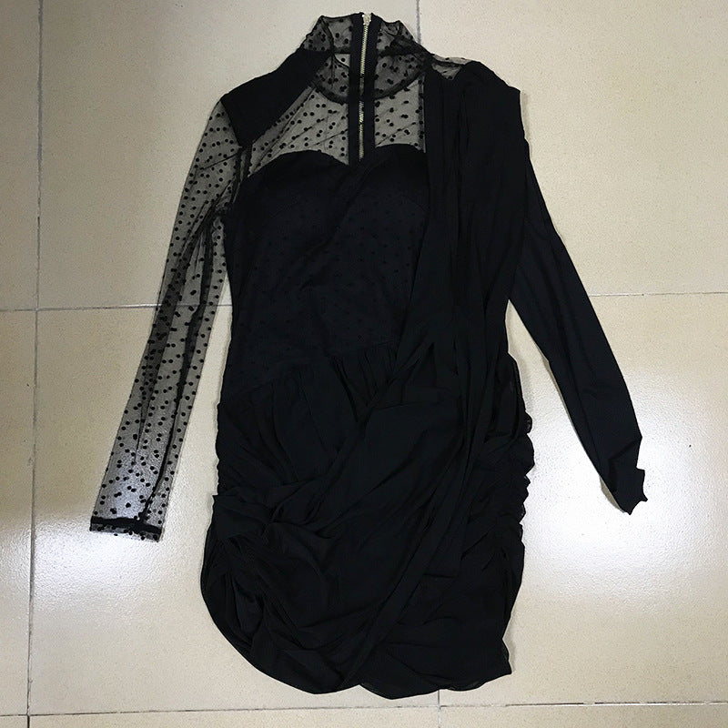European and American stars the same sexy wave dot mesh splicing slim bag hip fold irregular dress A&S Collection