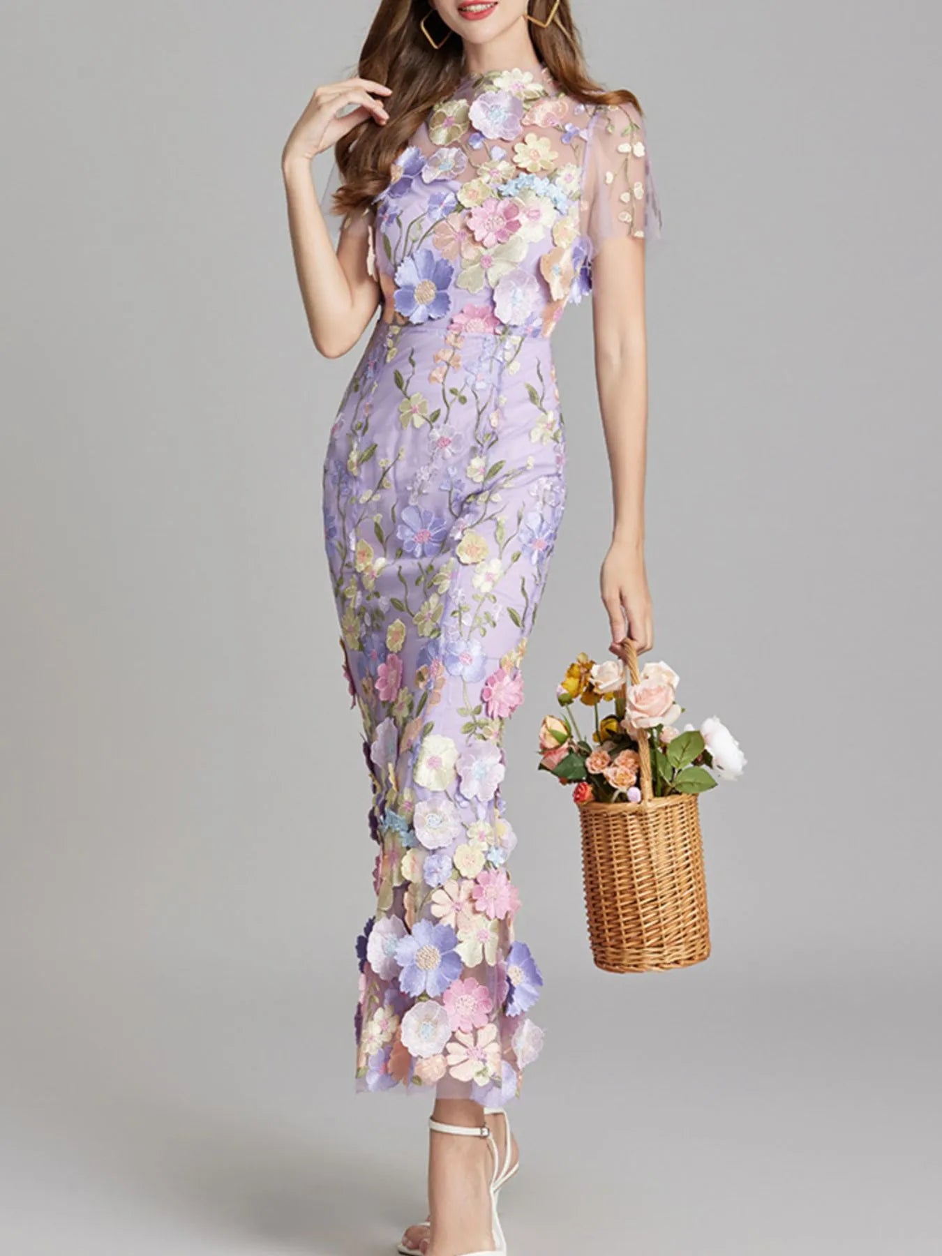 Floral Embroidered Mesh Overlay Maxi Dress.
