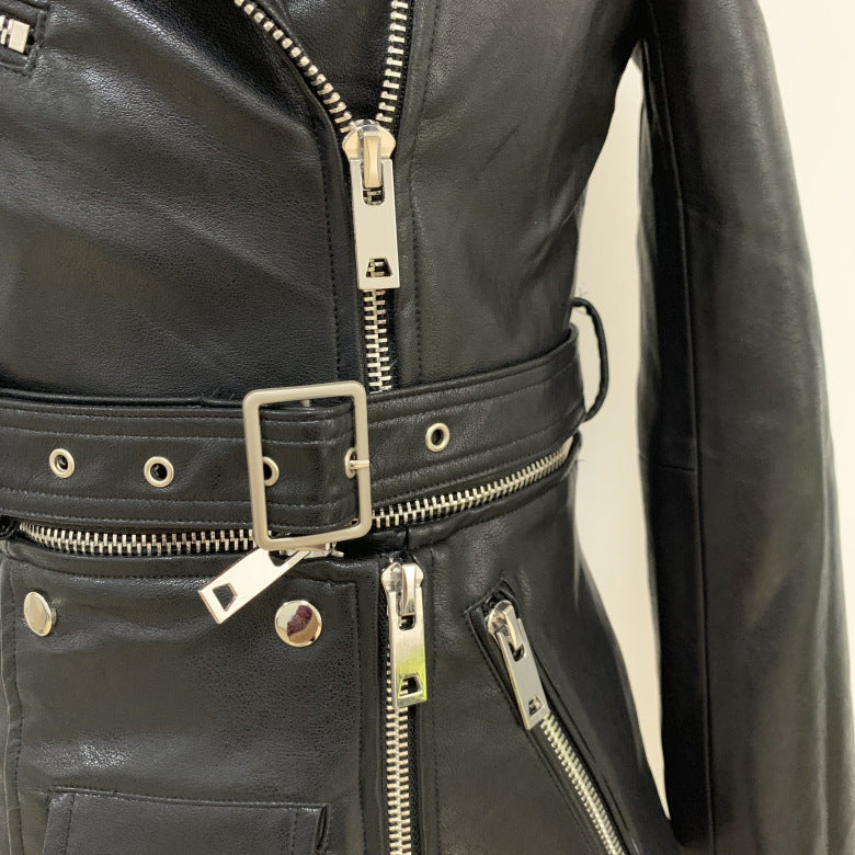 Autumn/winter British style women's motorcycle jacket with detachable hem, trim, and zipper leather coat A&S Collection