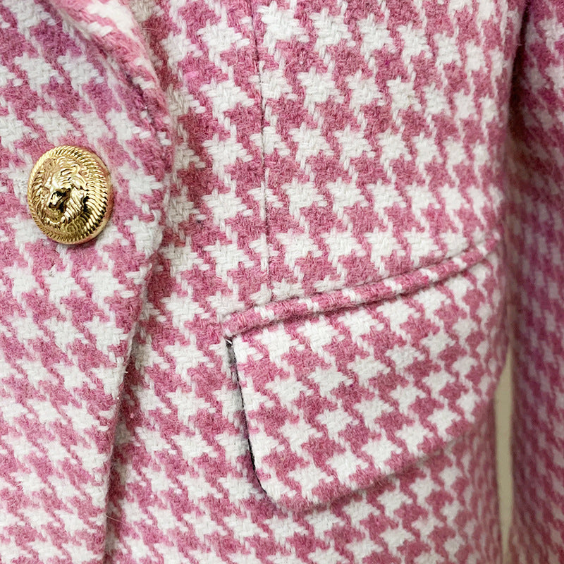 European and American star fashion double breasted lion button pink plaid wool trim suit jacket A&S Collection