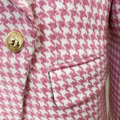European and American star fashion double breasted lion button pink plaid wool trim suit jacket A&S Collection