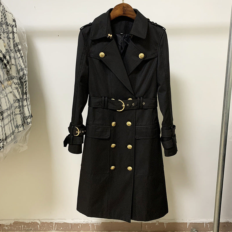 Autumn/winter quality top fashion metal lion buckle double breasted belt long trench coat A&S Collection