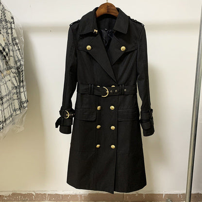 Autumn/winter quality top fashion metal lion buckle double breasted belt long trench coat A&S Collection