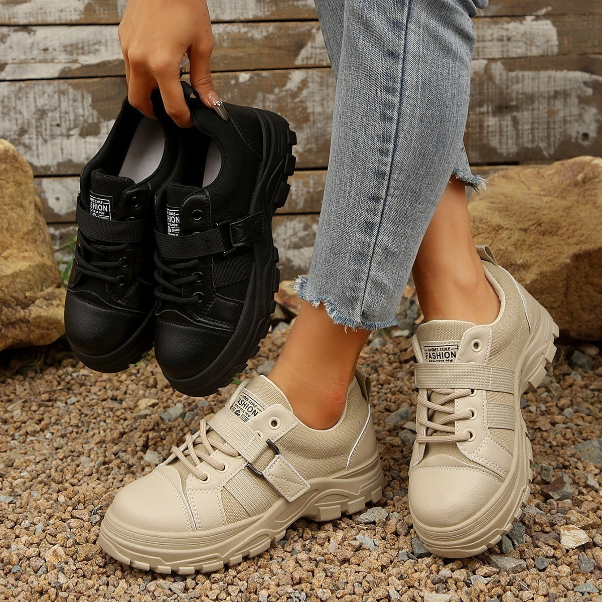 Lace-up Canvas Shoes With Hook Design Fashion Breathable Thick-soled Round-toe Casual Shoes For Women Sneakers A&S Collection