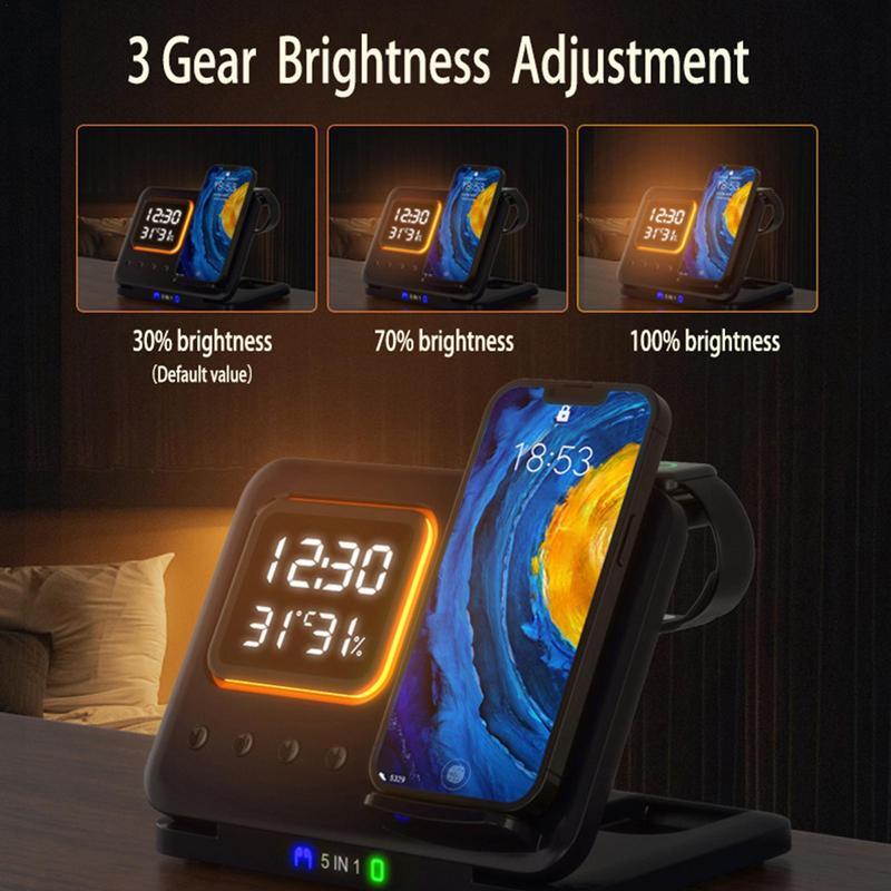 15W Wireless Chargers Stand 5 In1 LED Digital Alarm Clock Fast Charging Dock Station A&S Collection