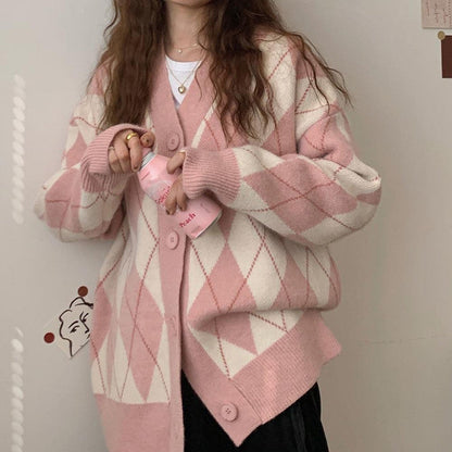Autumn new diamond lattice sweet lazy wind cardigan sweater female Korean version of loose contrast color knitted top tide A&S Collection