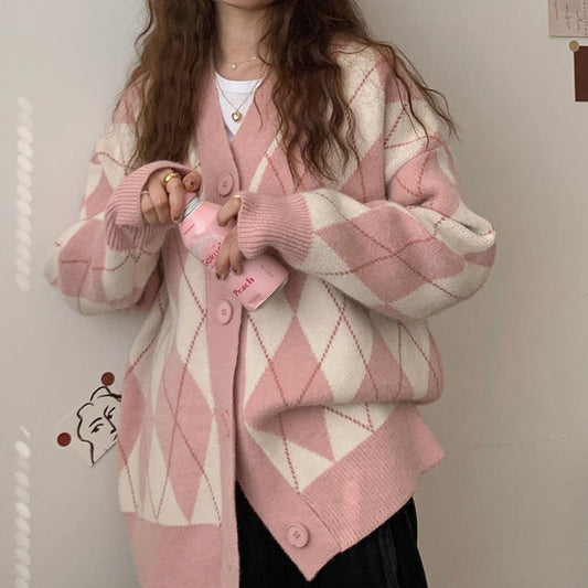 Autumn new diamond lattice sweet lazy wind cardigan sweater female Korean version of loose contrast color knitted top tide A&S Collection