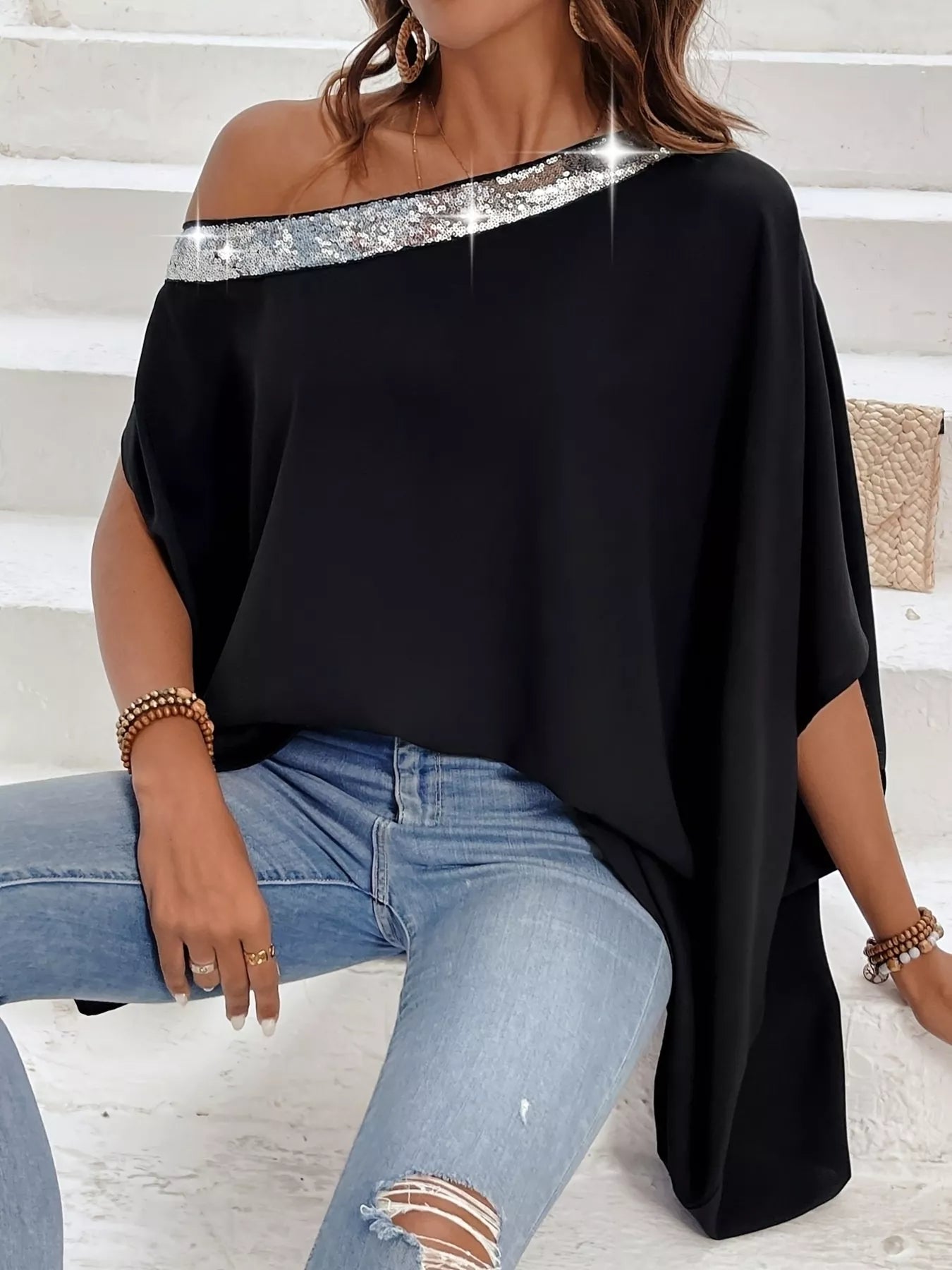 Sequined One Shoulder Batwing Sleeve Blouse.