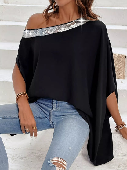 Sequined One Shoulder Batwing Sleeve Blouse.