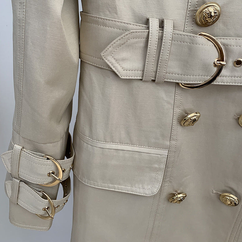 Autumn/winter quality top fashion metal lion buckle double breasted belt long trench coat A&S Collection