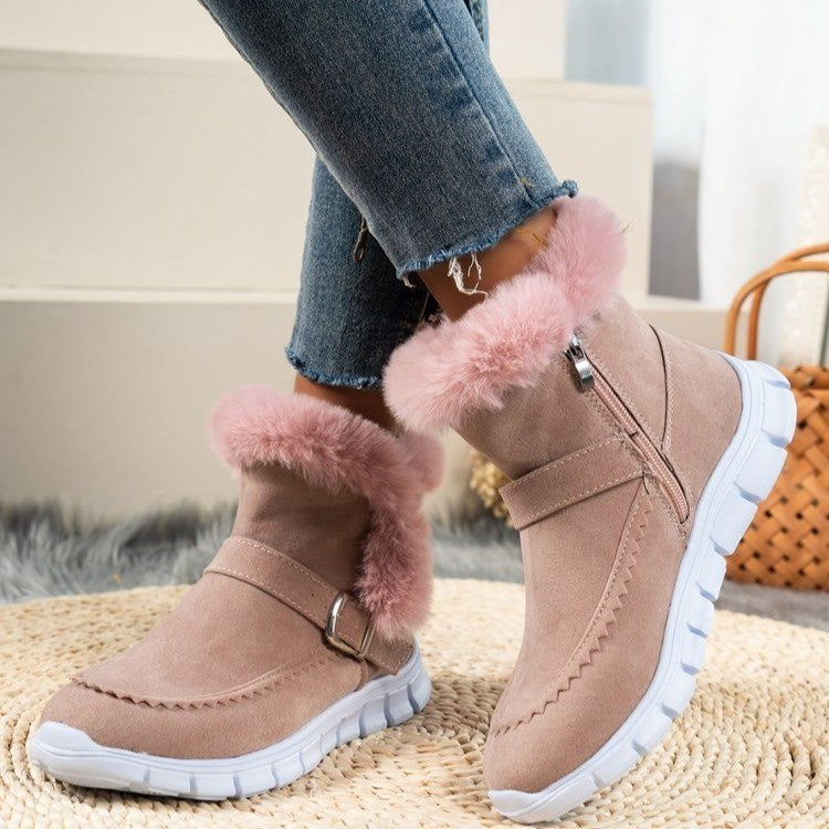 New Snow Boots Winter Warm Thickened Solid Color Plush Ankle Boots With Buckle Design Plus Velvet Flat Shoes For Women A&S Collection