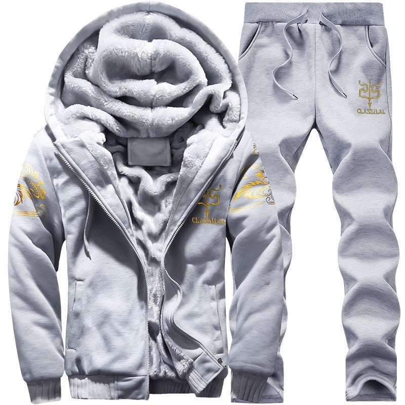 Cross border winter casual sports suit men's hooded and plush thick long sleeve pants two-piece large-size loose trend A&S Collection