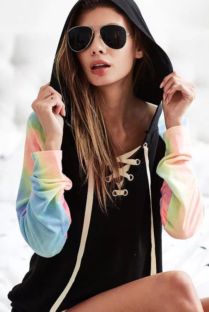 BiBi French Terry Lace Up Hoodie With Tie Dye Sleeves.
