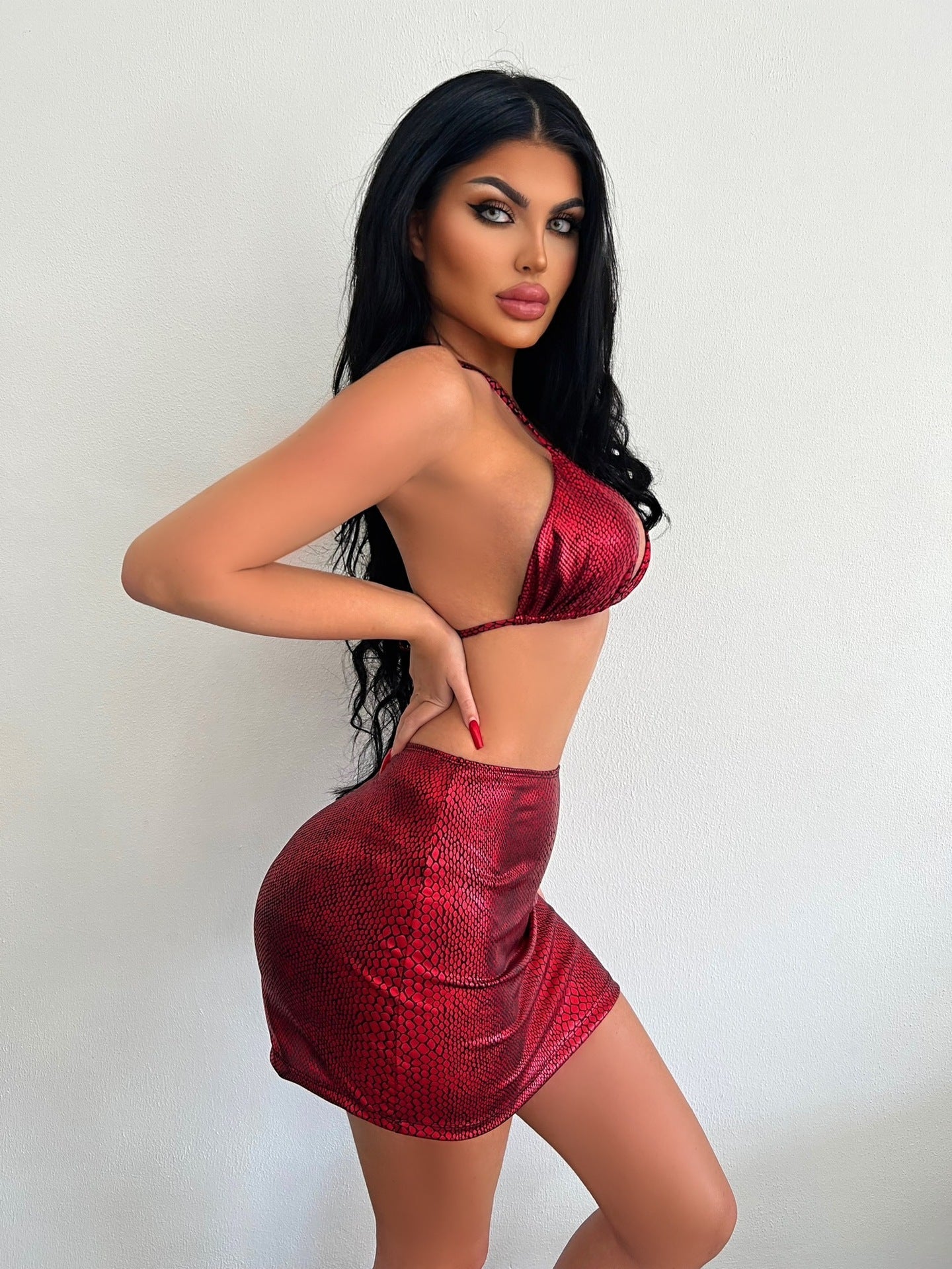 Women's 3 Piece Bathing Suits Halter Snake Pattern Bikini Set With Cover Up Skirt Summer Swimsuit A&S Collection