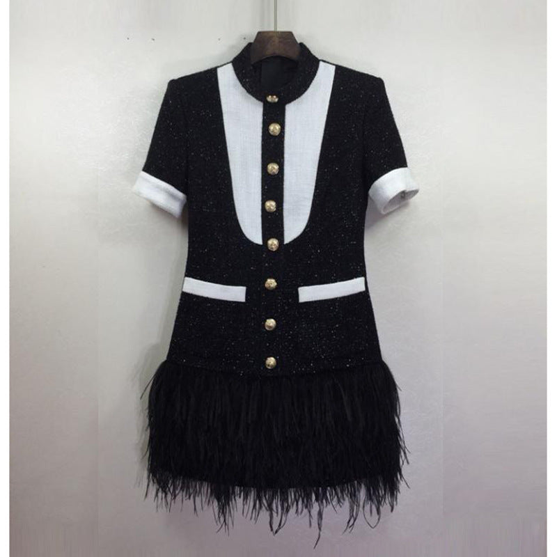 Europe and The United States autumn winter star women fashion metal buckle black and white clash-color hem stitching feather dress A&S Collection