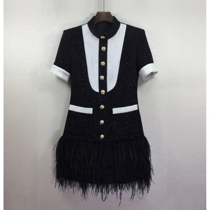 Europe and The United States autumn winter star women fashion metal buckle black and white clash-color hem stitching feather dress A&S Collection