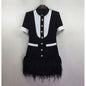 Europe and The United States autumn winter star women fashion metal buckle black and white clash-color hem stitching feather dress A&S Collection
