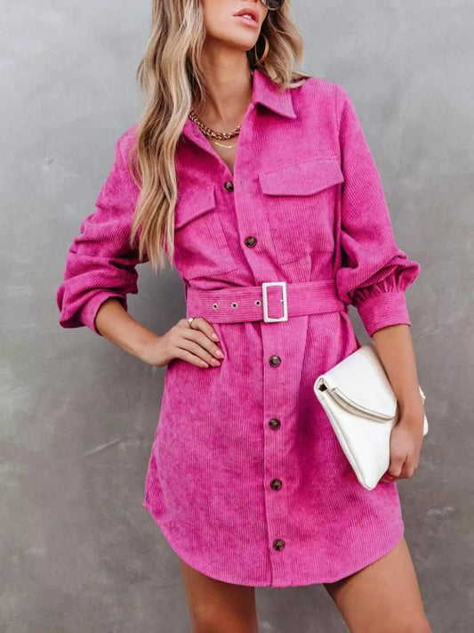 Button Front Belt Long Sleeve Corduroy Dress.