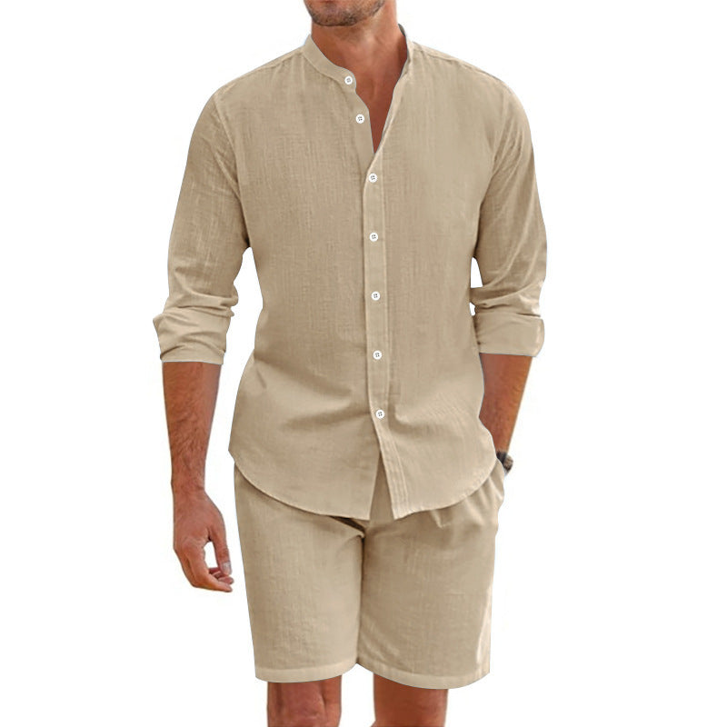 Summer Short Shirt Suit Fashion Lapel Button Down Short Sleeve Top And Drawstring Shorts Beach Clothing For Men A&S Collection