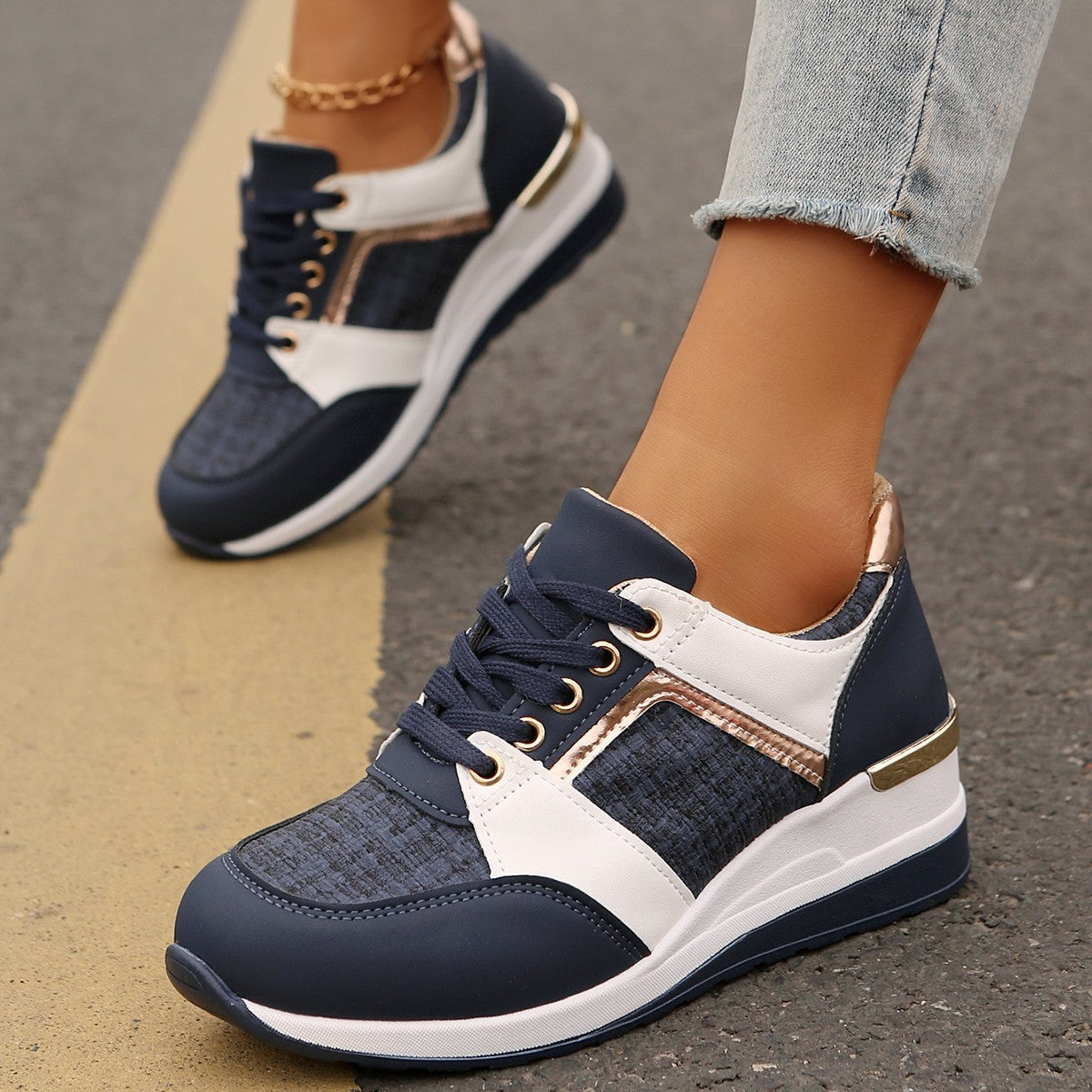 Chic Colorblock Lace-Up Sneakers: Fashionable, Thick-Soled Casual Sports Shoes for Women - Round Toe Slip-On Comfort A&S Collection