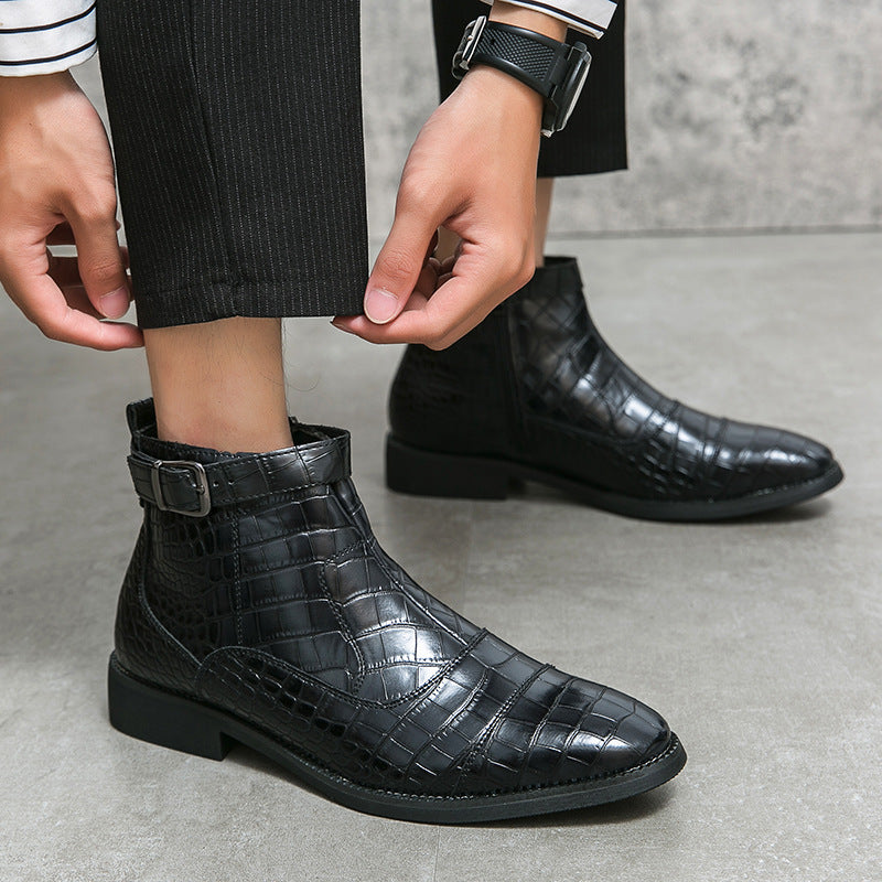 Men's Crocodile Pattern Boots Fashion Pointed Toe Low Square Heel Buckle Zipper Ankle Boots Business Formal Leather Shoes A&S Collection