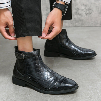 Men's Crocodile Pattern Boots Fashion Pointed Toe Low Square Heel Buckle Zipper Ankle Boots Business Formal Leather Shoes A&S Collection